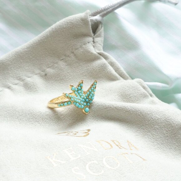 Kendra Scott Melody Bird Gold Teal Crystal Cocktail Ring Size #7 - Picture 1 of 3